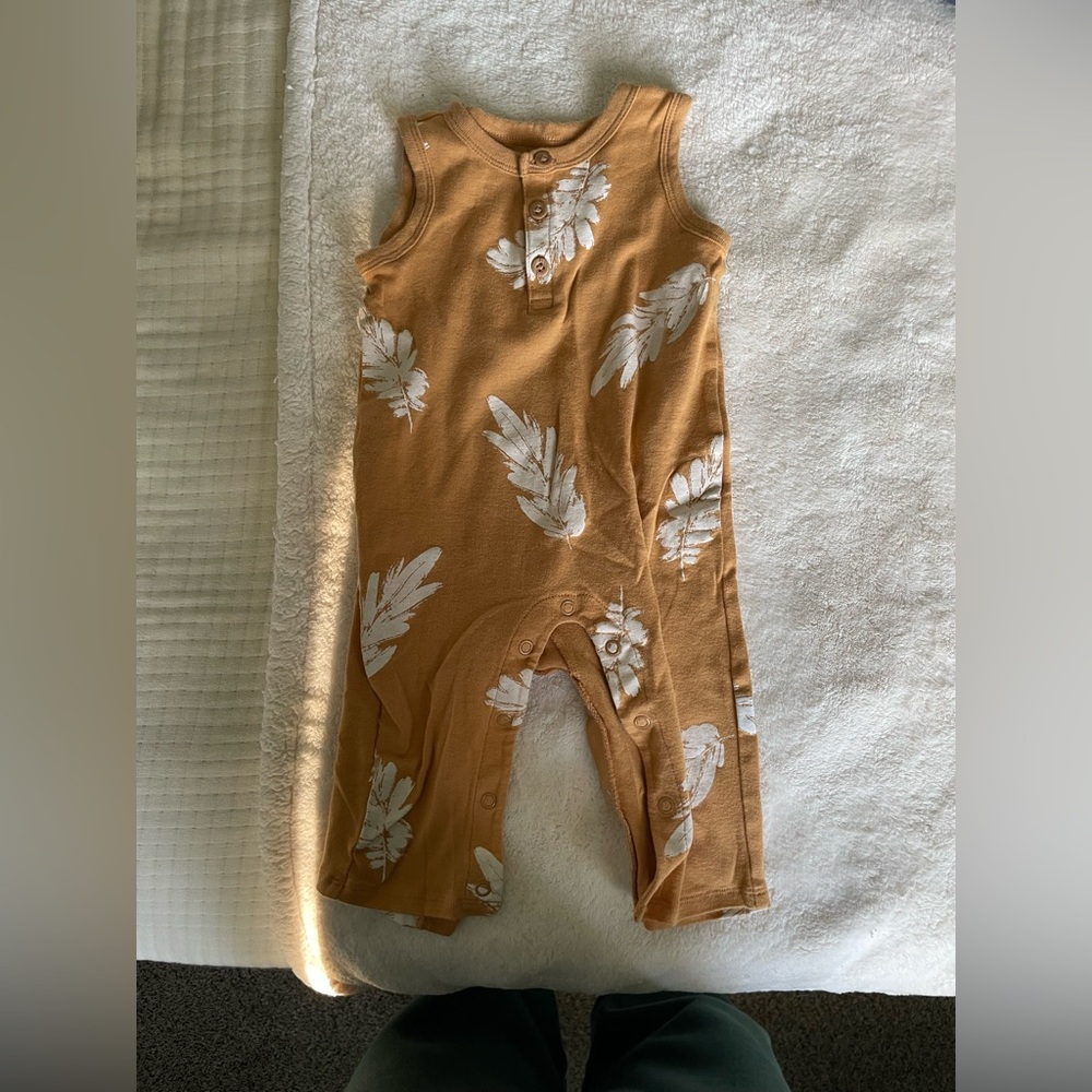 Tan Sleeveless Baby Romper with White Feather Print